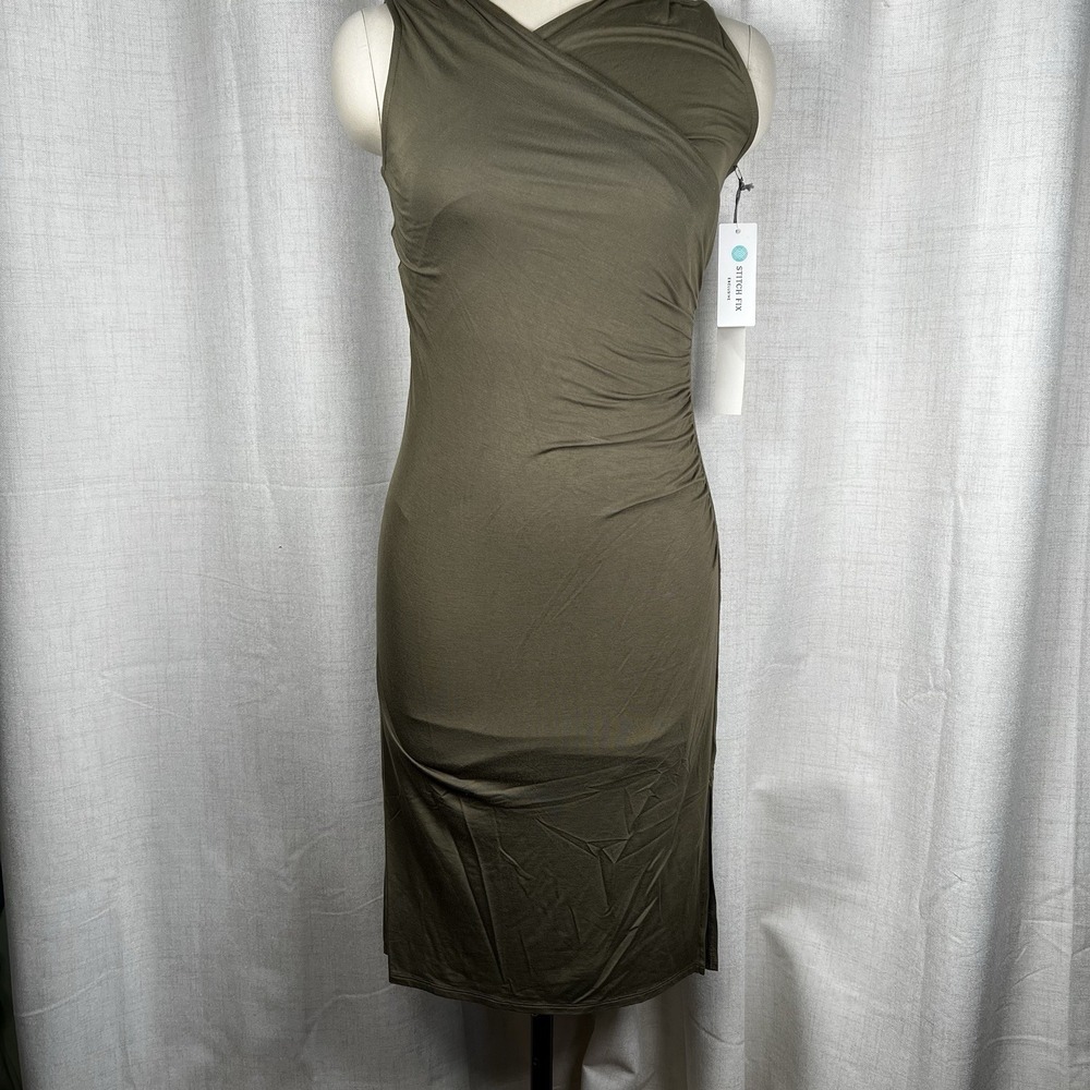 NEW! Nine Britton Paula Fitted Surplice Neckline Midi Dress Olive Green Small
